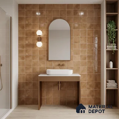 Minimalist bathroom with matte terracotta wall tiles and light wood floor tile