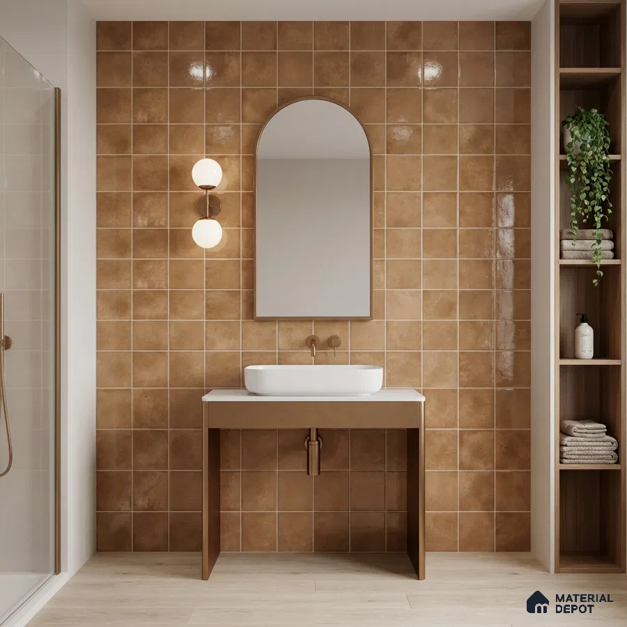 Minimalist bathroom with matte terracotta wall tiles and light wood floor tile