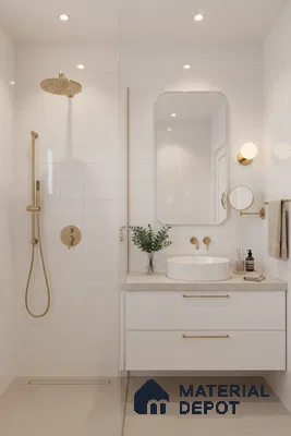 Minimalist bathroom with matte white subway wall tiles and beige stone floor tiles | Material Depot
