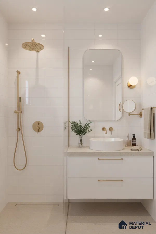 Minimalist bathroom with matte white subway wall tiles and beige stone floor tiles | Material Depot