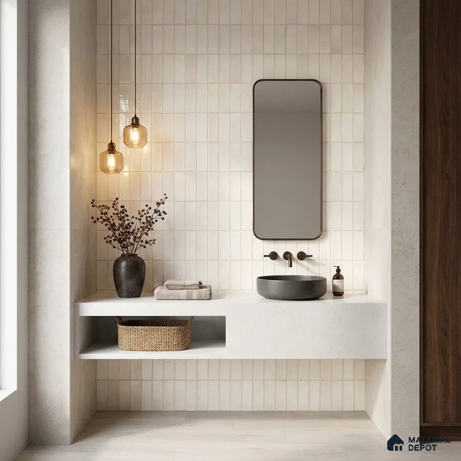 Minimalist bathroom with off-white vertical subway wall tiles and white quartz floating vanity