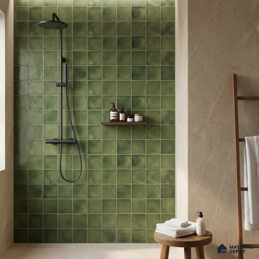 Minimalist bathroom with olive green square wall tiles and beige stone-look floor tiles