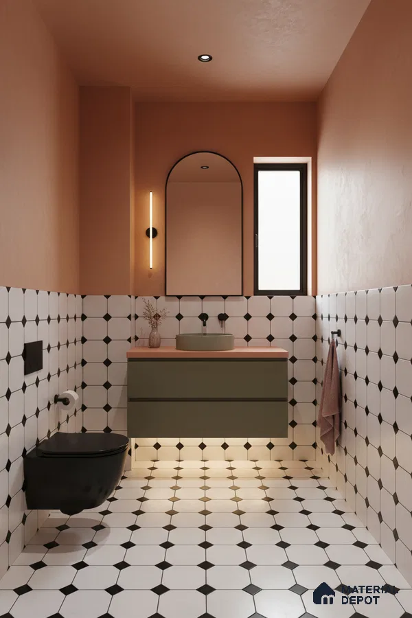 Minimalist bathroom with olive green vanity, peach walls, and black-and-white geometric wall and floor tiles in Bengaluru | Material Depot