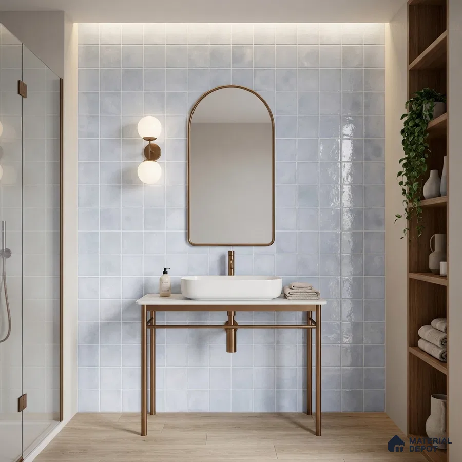 Minimalist bathroom with pale blue square wall tiles and light oak wood floor tile