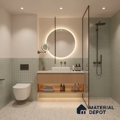 Minimalist bathroom with sage green grid wall tiles, terrazzo floor tiles, and light wood floating vanity | Material Depot