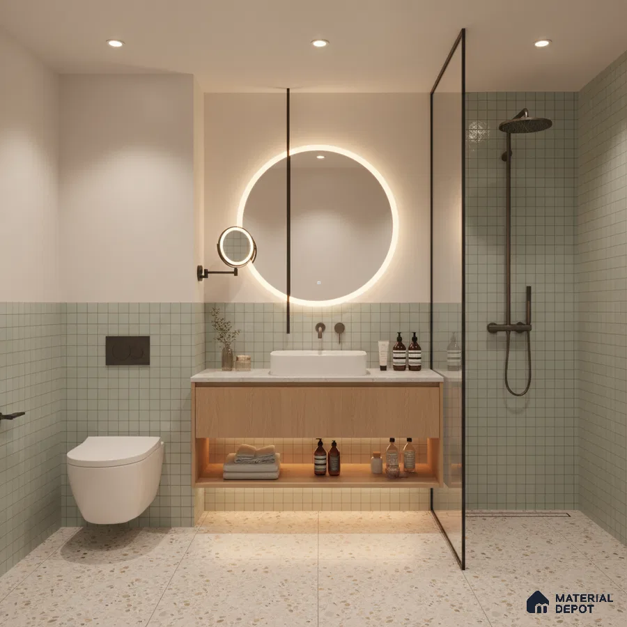 Minimalist bathroom with sage green grid wall tiles, terrazzo floor tiles, and light wood floating vanity | Material Depot