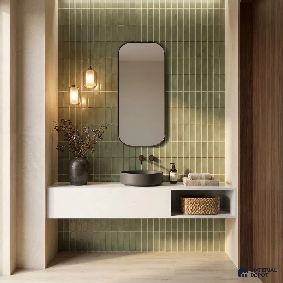 Minimalist bathroom with sage green kitkat wall tiles and white quartz floating vanity