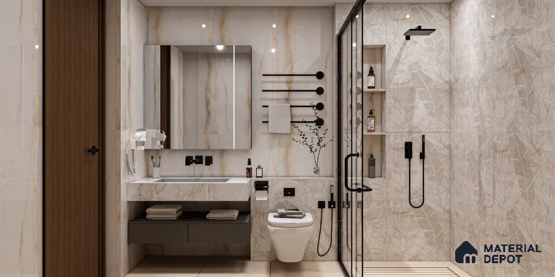 Minimalist Bathroom with Subtle Leaf-Patterned Tiles | Material Depot