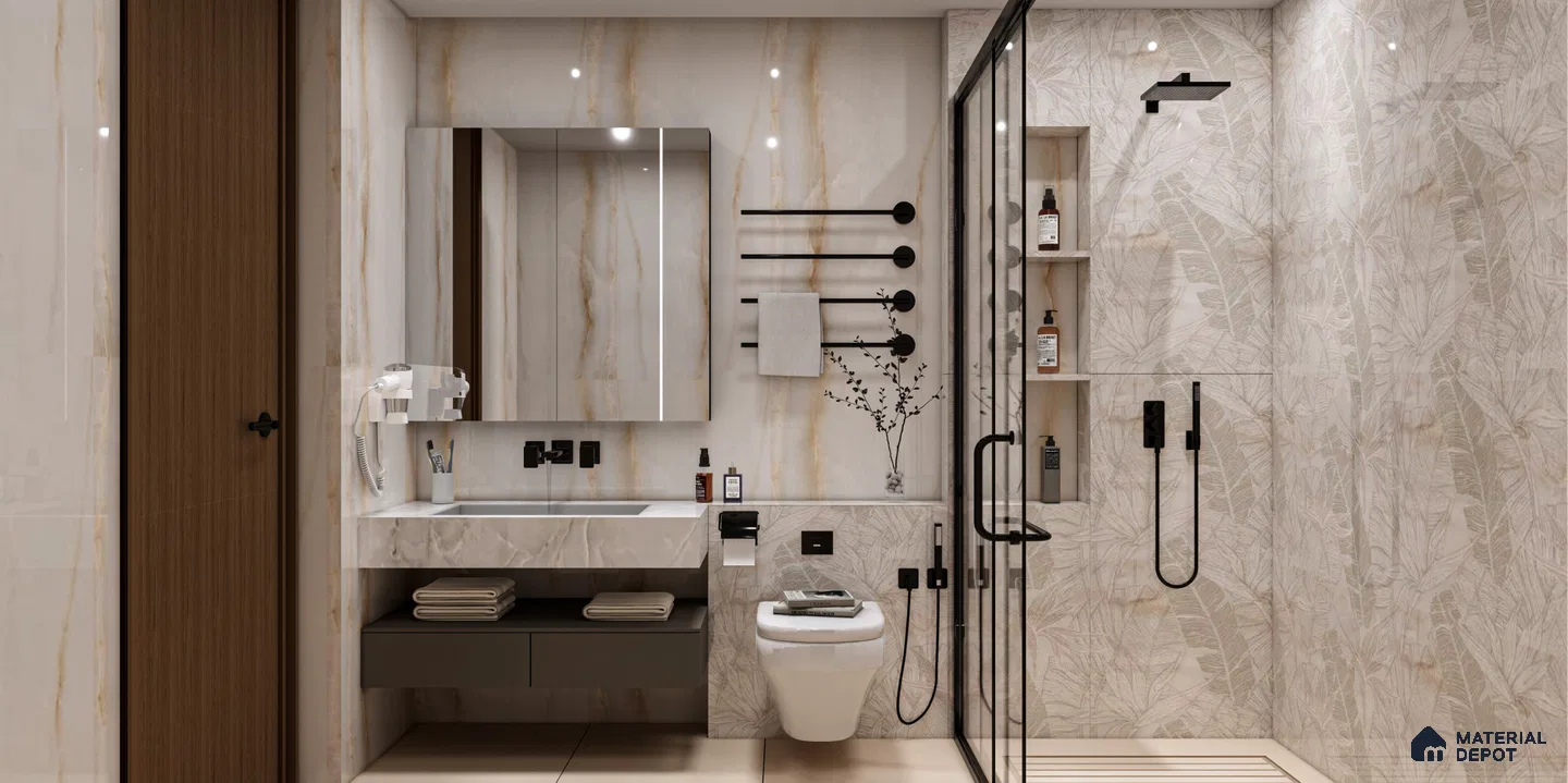 Minimalist Bathroom with Subtle Leaf-Patterned Tiles | Material Depot
