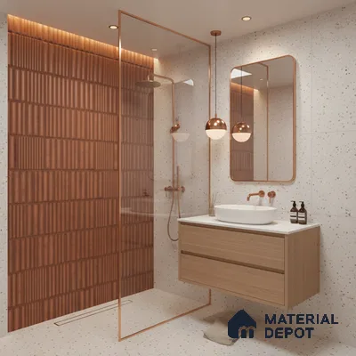 Minimalist bathroom with terracotta fluted wall tiles, terrazzo wall and floor tiles, and light wood floating vanity | Material Depot