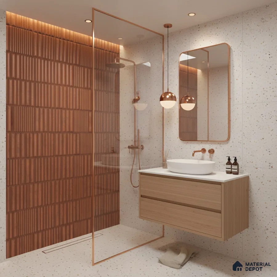 Minimalist bathroom with terracotta fluted wall tiles, terrazzo wall and floor tiles, and light wood floating vanity | Material Depot