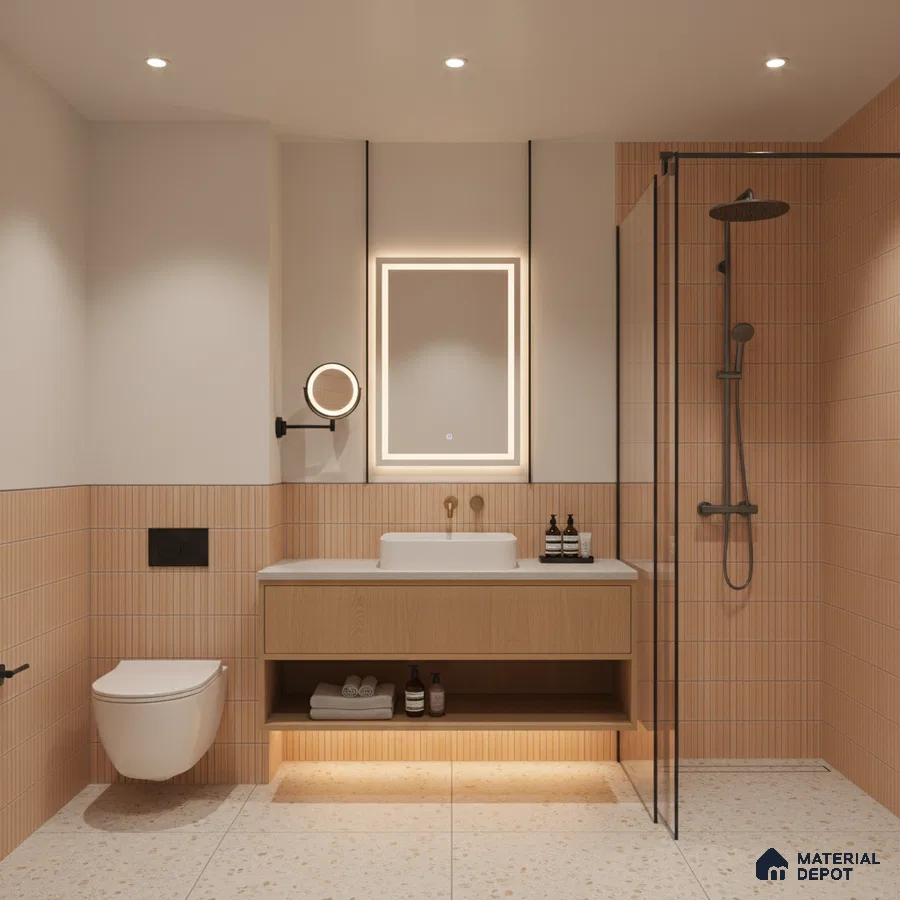 Minimalist bathroom with terracotta kitkat wall tiles, terrazzo floor tiles, and floating wood vanity | Material Depot