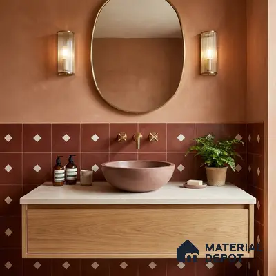 Minimalist bathroom with terracotta patterned wall tiles and light oak floating vanity