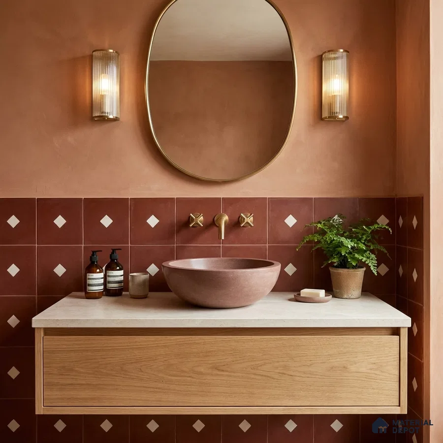 Minimalist bathroom with terracotta patterned wall tiles and light oak floating vanity