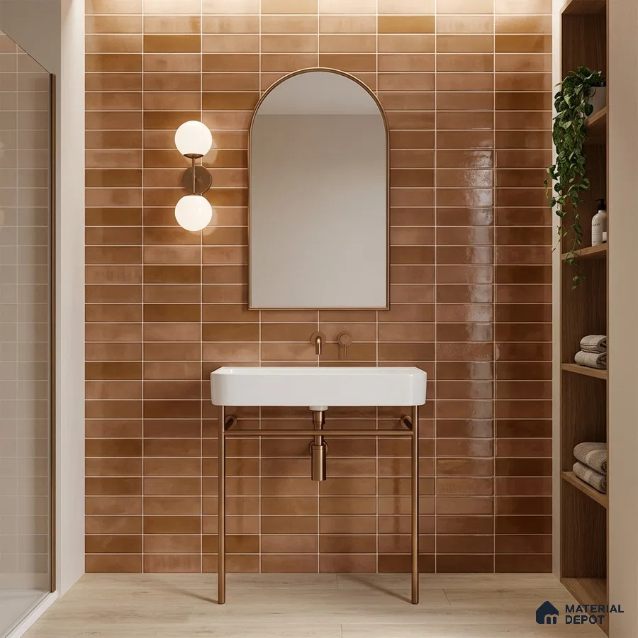 Minimalist bathroom with terracotta subway wall tiles and light wood floor tile