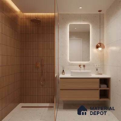 Minimalist bathroom with terracotta vertical kitkat wall tiles and terrazzo floor and wall tiles | Material Depot