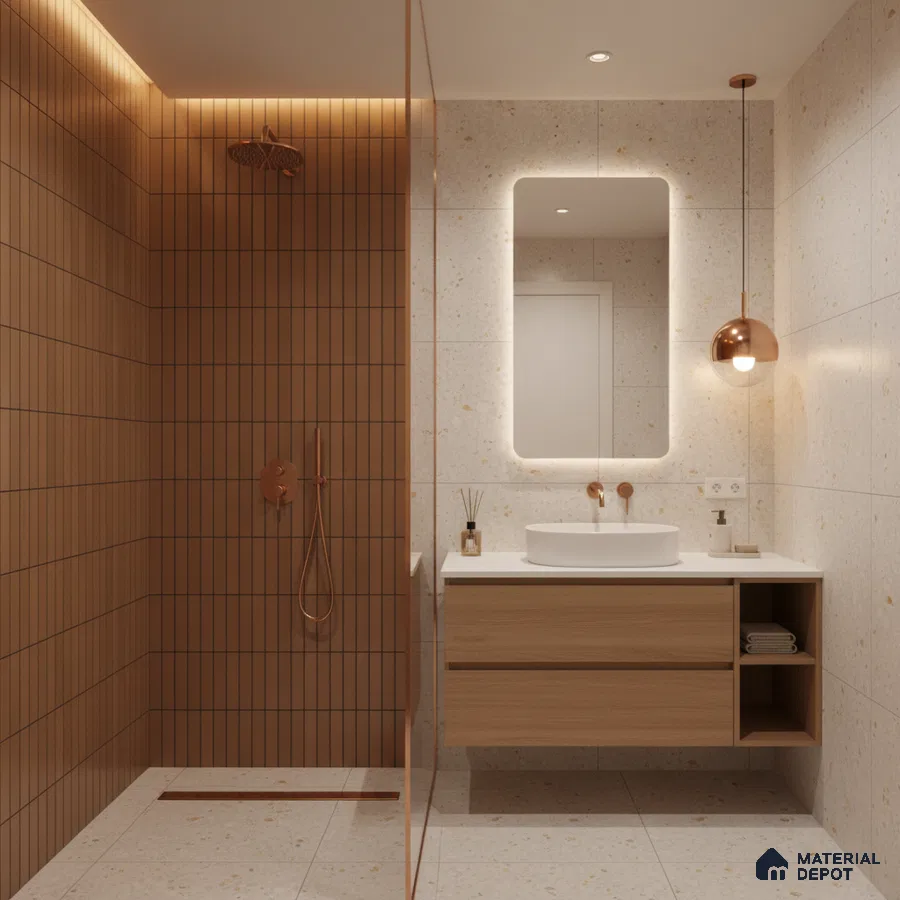 Minimalist bathroom with terracotta vertical kitkat wall tiles and terrazzo floor and wall tiles | Material Depot