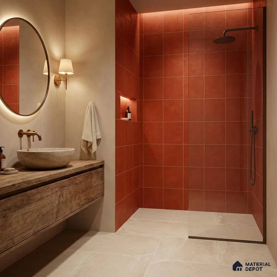 Minimalist bathroom with terracotta wall tiles, beige stone floor tiles, and rustic wood vanity
