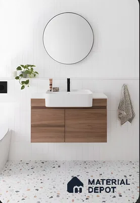 Minimalist Bathroom With Terrazzo Tiles And Wood Vanity | Material Depot