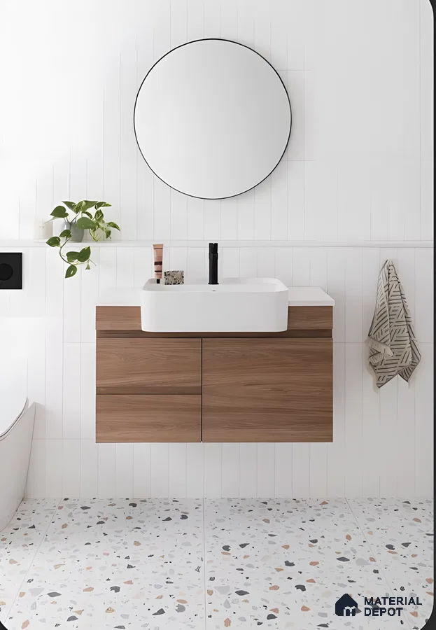 Minimalist Bathroom With Terrazzo Tiles And Wood Vanity | Material Depot