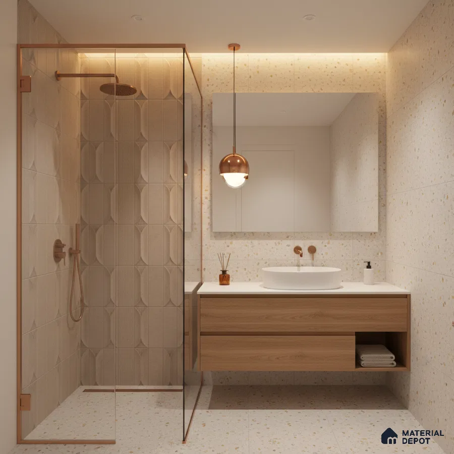 Minimalist bathroom with terrazzo wall and floor tiles, 3D beige shower tiles, and light oak floating vanity | Material Depot