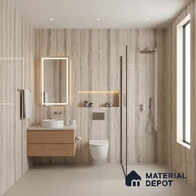 Minimalist bathroom with travertine-look wall tiles, fluted wood vanity, and beige floor tiles | Material Depot