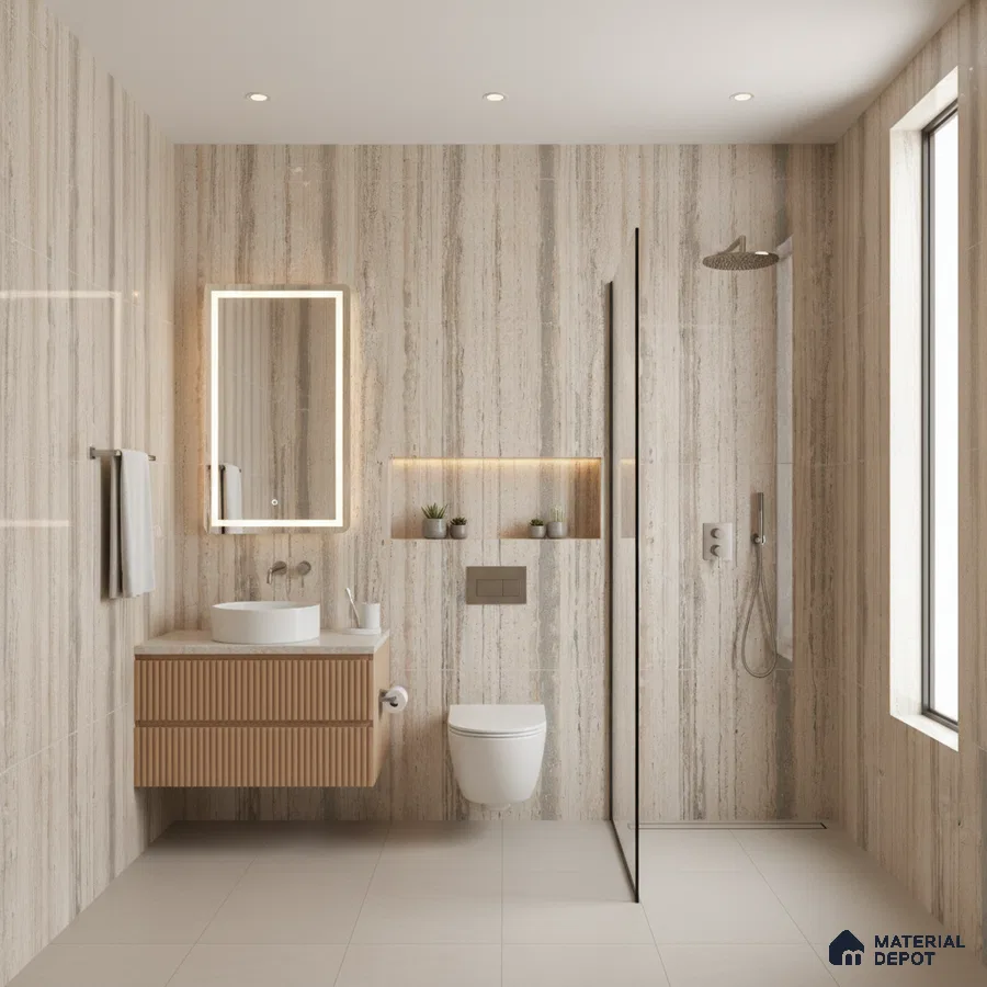 Minimalist bathroom with travertine-look wall tiles, fluted wood vanity, and beige floor tiles | Material Depot
