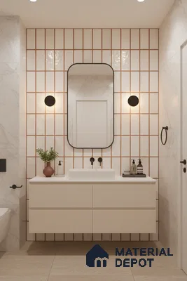 Minimalist bathroom with vertical grid white wall tiles, marble-look wall tiles, and beige floor tiles | Material Depot
