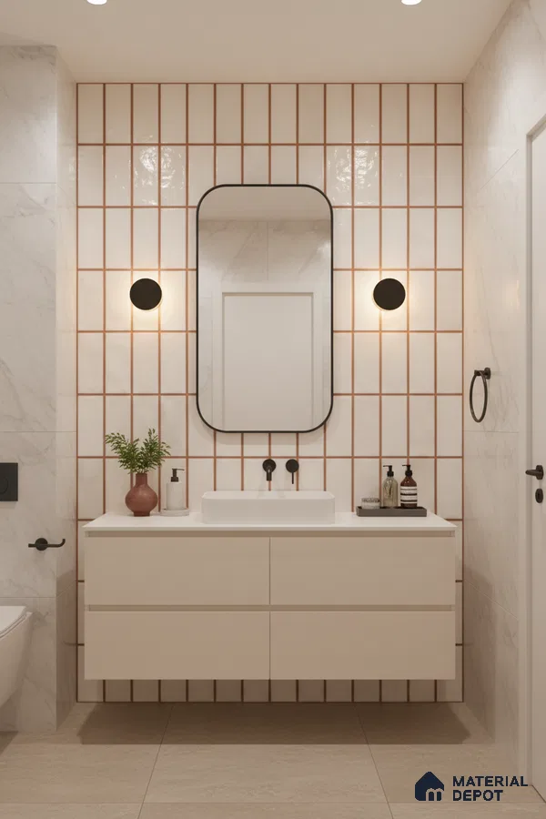 Minimalist bathroom with vertical grid white wall tiles, marble-look wall tiles, and beige floor tiles | Material Depot