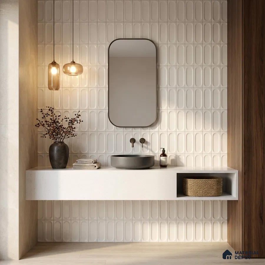Minimalist bathroom with white elongated 3D wall tiles, floating quartz vanity, and wood accent panel