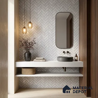 Minimalist bathroom with white herringbone wall tiles, white quartz countertop, and walnut wood laminate accent