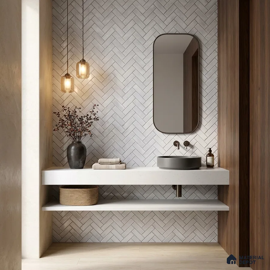 Minimalist bathroom with white herringbone wall tiles, white quartz countertop, and walnut wood laminate accent