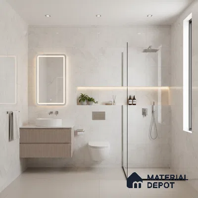 Minimalist bathroom with white marble-look wall tiles, beige fluted vanity, and glass shower partition | Material Depot
