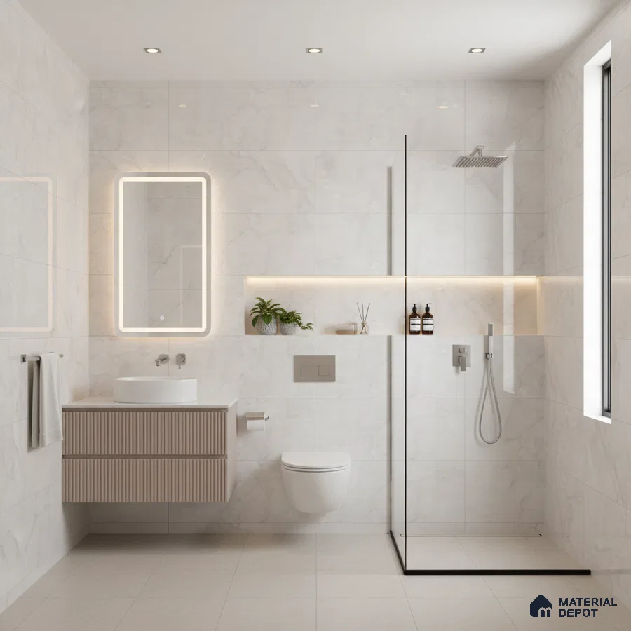 Minimalist bathroom with white marble-look wall tiles, beige fluted vanity, and glass shower partition | Material Depot