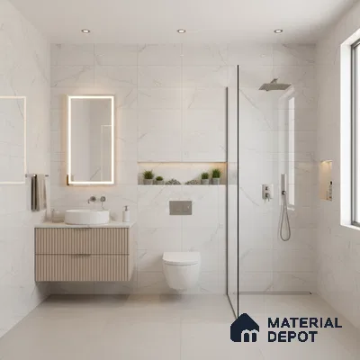 Minimalist bathroom with white marble-look wall tiles, beige fluted vanity, and large format floor tiles | Material Depot