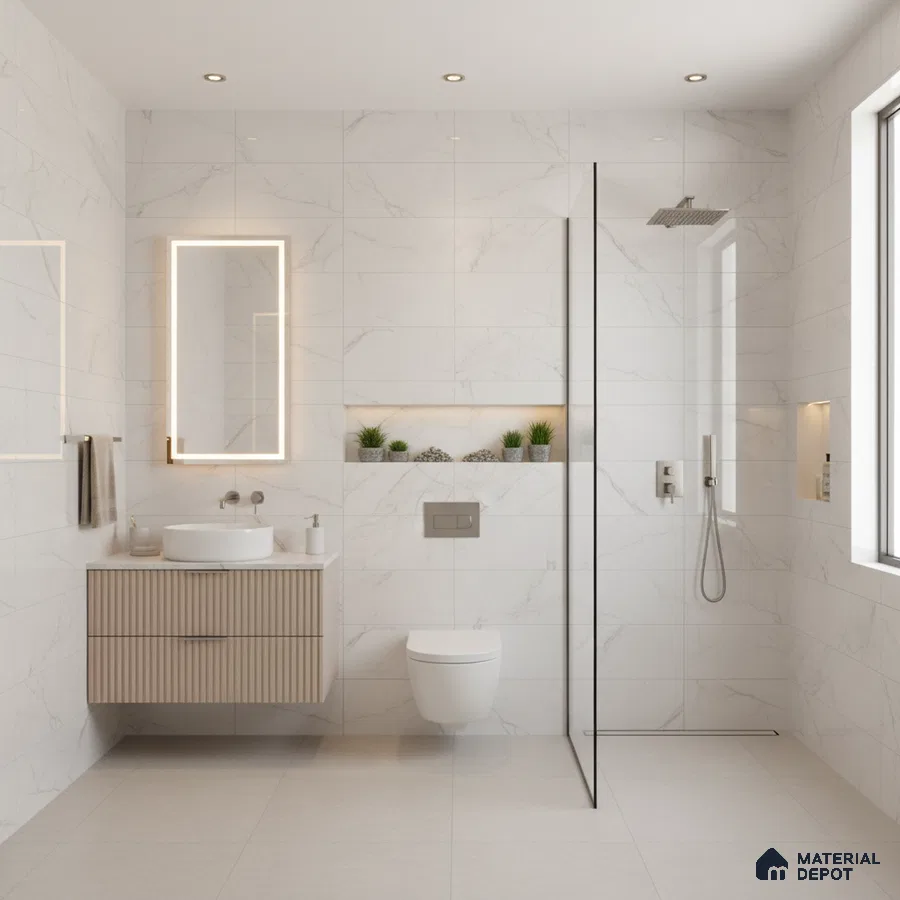 Minimalist bathroom with white marble-look wall tiles, beige fluted vanity, and large format floor tiles | Material Depot