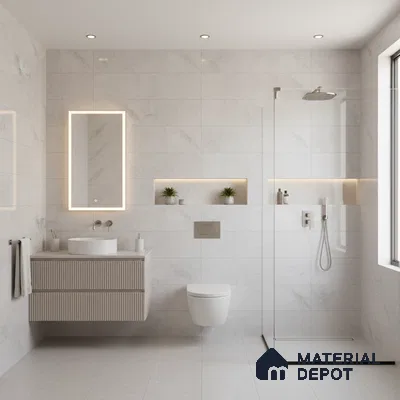Minimalist bathroom with white marble-look wall tiles, fluted vanity, and seamless glass shower | Material Depot