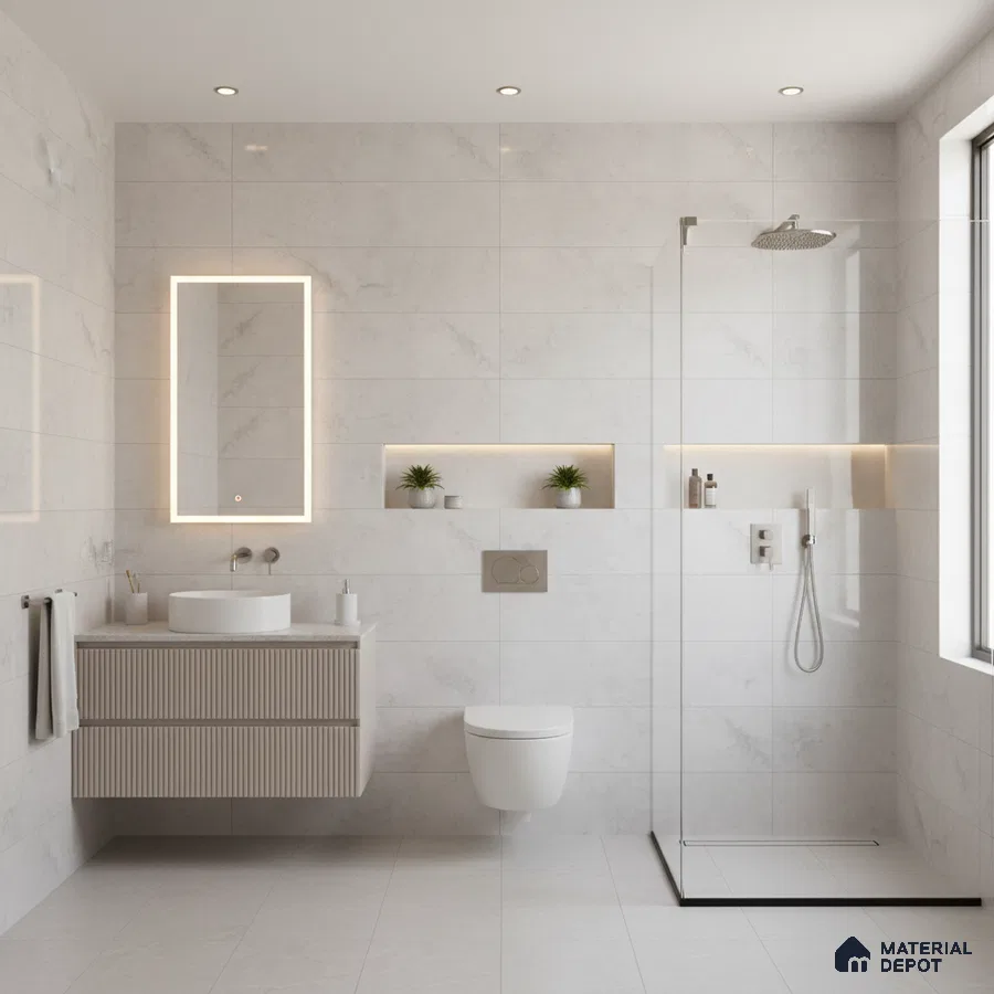 Minimalist bathroom with white marble-look wall tiles, fluted vanity, and seamless glass shower | Material Depot
