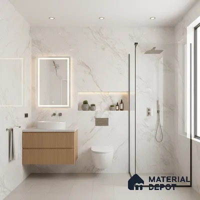 Minimalist bathroom with white marble-look wall tiles, fluted wood vanity, and glass shower partition | Material Depot