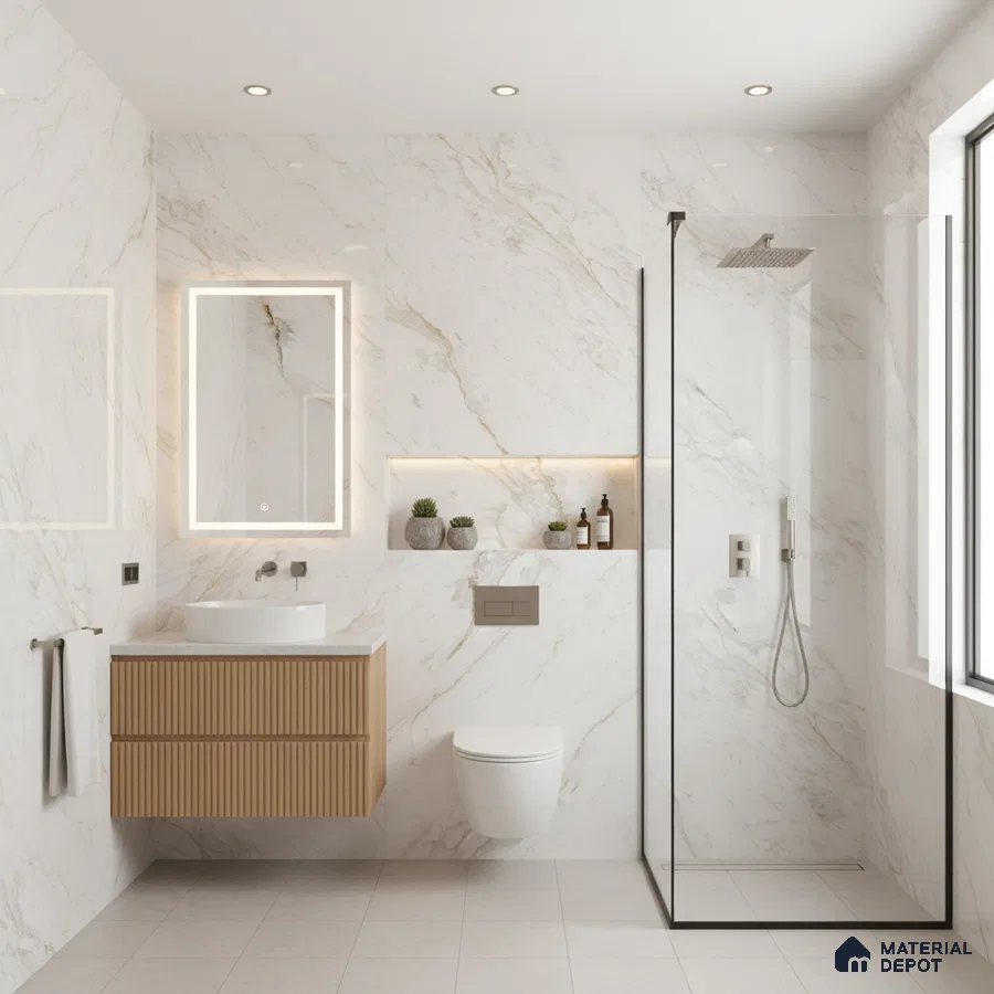 Minimalist bathroom with white marble-look wall tiles, fluted wood vanity, and glass shower partition | Material Depot