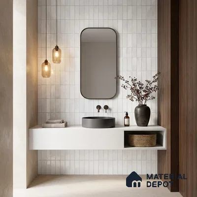 Minimalist bathroom with white vertical subway wall tiles and walnut wood laminate accent