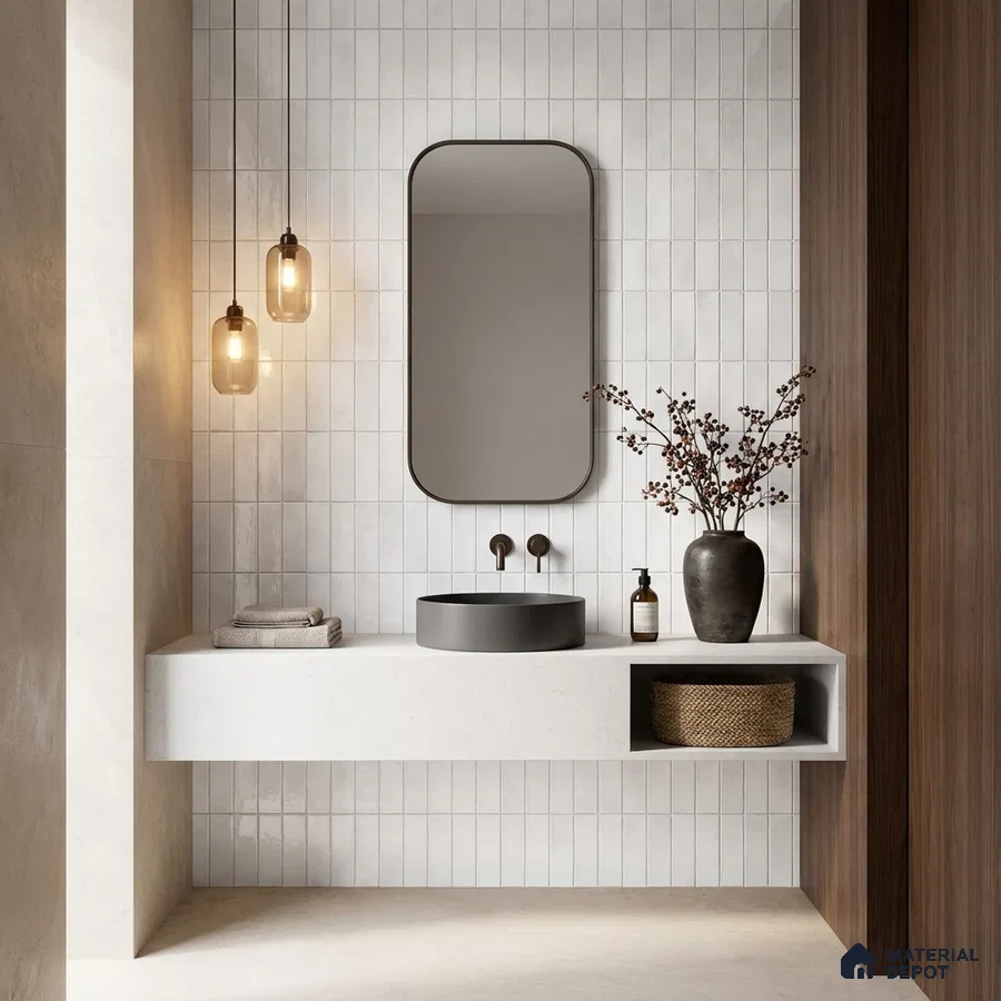 Minimalist bathroom with white vertical subway wall tiles and walnut wood laminate accent