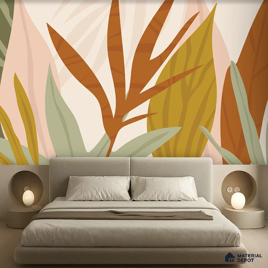 Minimalist bedroom with abstract botanical wallpaper and beige upholstered bed in Bengaluru