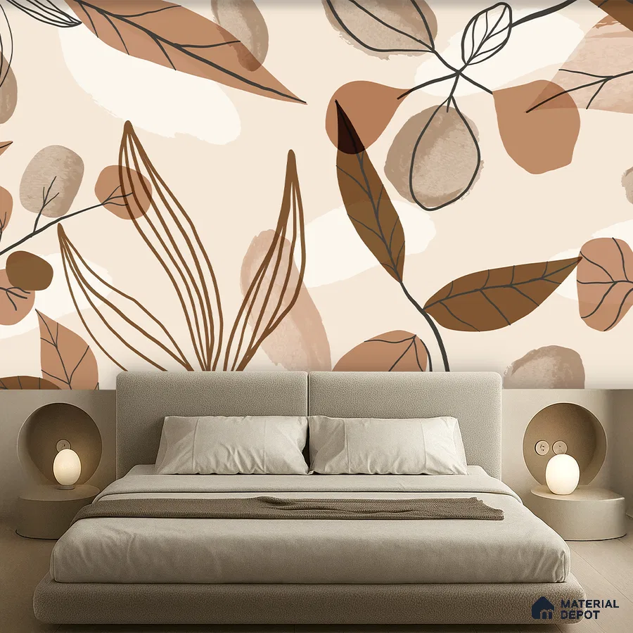 Minimalist bedroom with abstract floral wallpaper and beige upholstered bed in Bengaluru