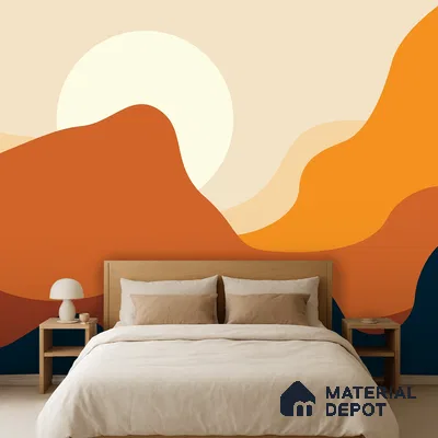 Minimalist bedroom with abstract geometric wallpaper and light wood bed in Bengaluru