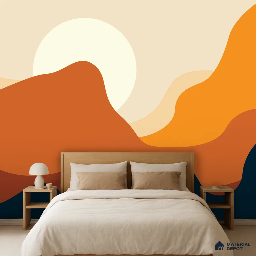 Minimalist bedroom with abstract geometric wallpaper and light wood bed in Bengaluru