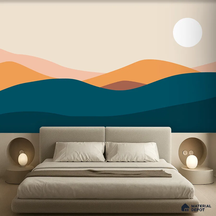 Minimalist bedroom with abstract landscape wallpaper and beige suede upholstered bed in Bengaluru