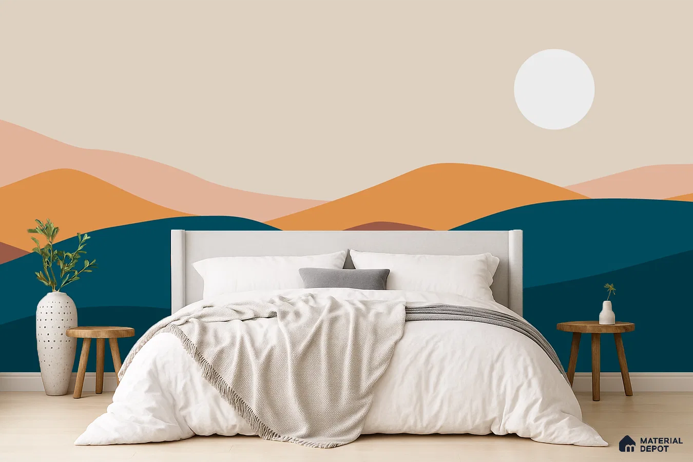 Minimalist bedroom with abstract landscape wallpaper and light wood flooring in Bengaluru