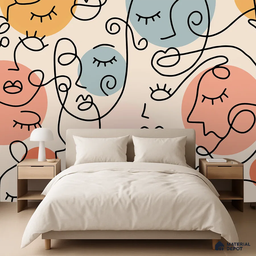 Minimalist bedroom with abstract line art wallpaper and light wood furniture in Bengaluru