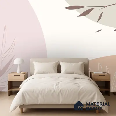 Minimalist bedroom with abstract pastel wallpaper and light wood furniture in Bengaluru